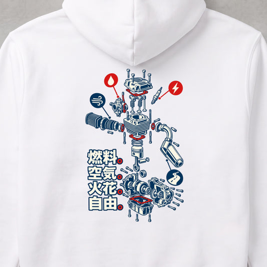 燃料。空気。火花。自由。 バイク パーカー |バックプリント