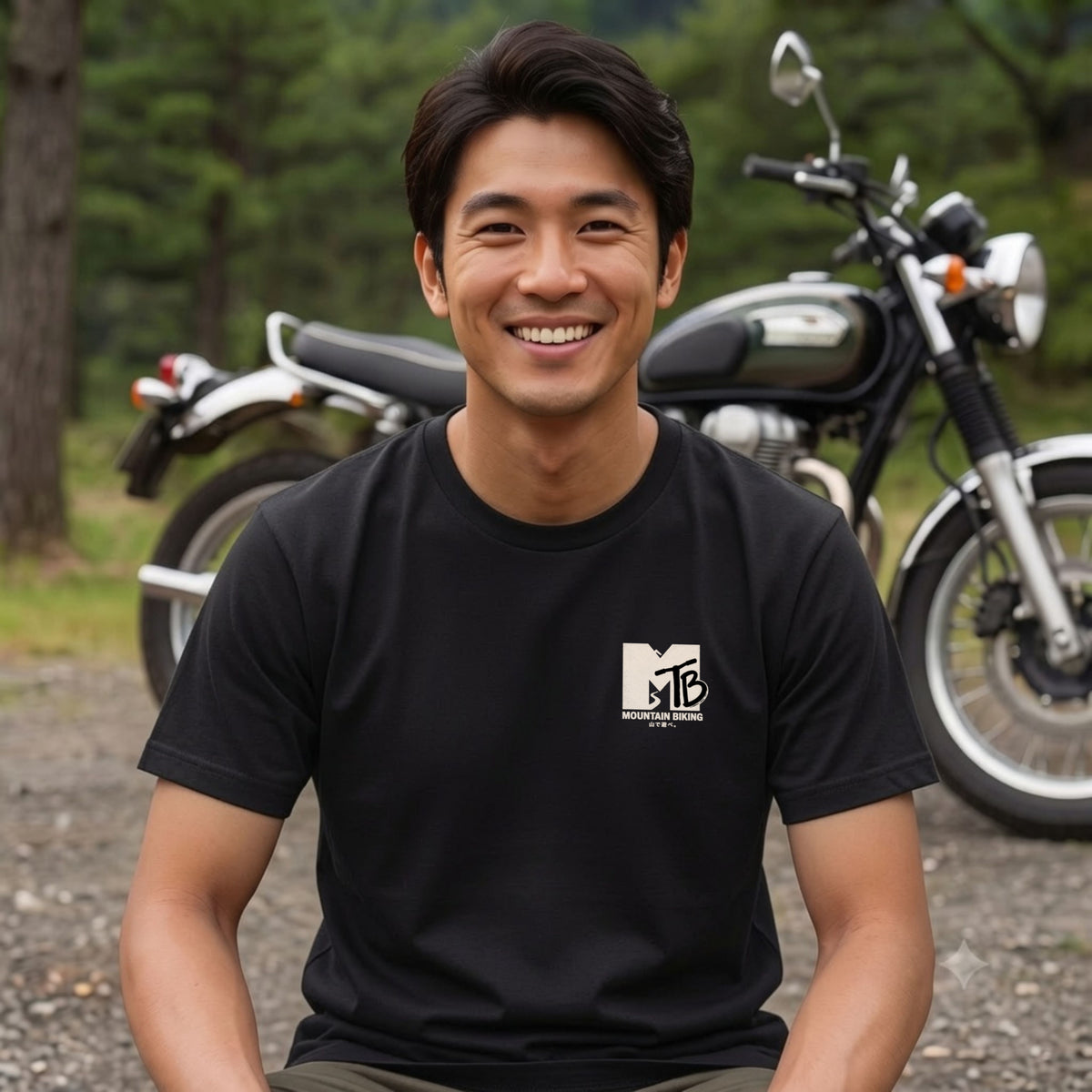 MOUNTAIN BIKING | ワンポイント レトロロゴ MTB 自転車男子 ストリート グラフィック Tシャツ【サイクルウェア・普段着・ツーリング・ユニセックス・ギフトに最適】