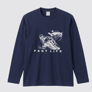 FAST LIFE | モーターサイクル レーサー イラスト モノトーン 長袖Tシャツ【バイク男子・バイク女子・ストリート・ギフト】
