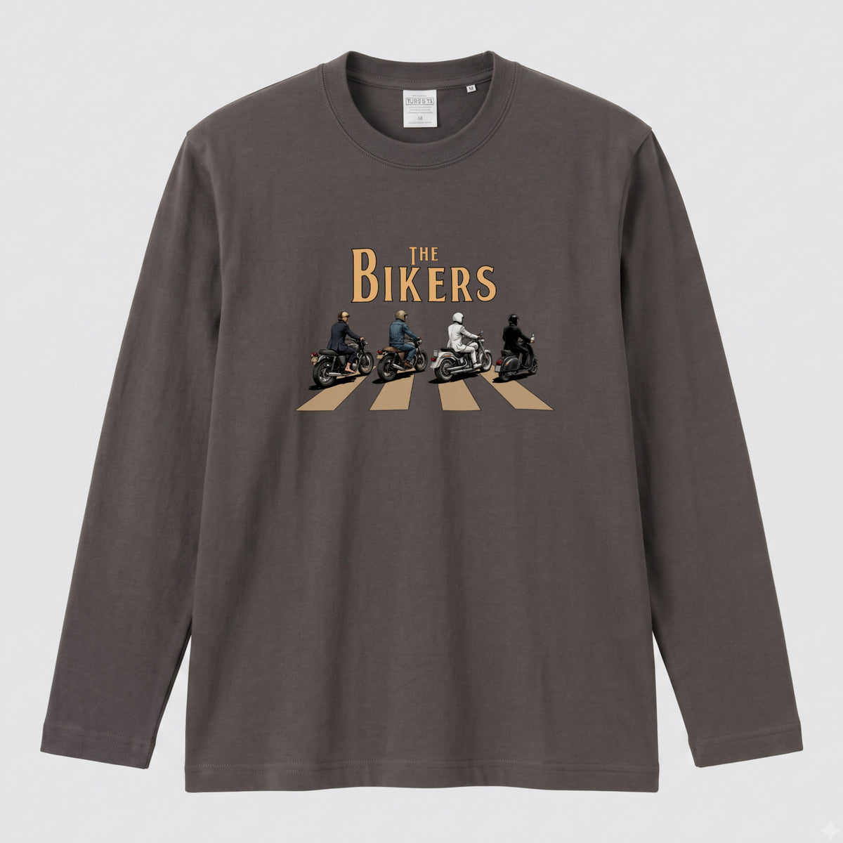 THE BIKERS CROSSING | クラシックバイク スクーター ライダー仲間 横断歩道 イラスト 長袖Tシャツ【バイク好き・ツーリングウェア・普段着・プレゼントに最適】
