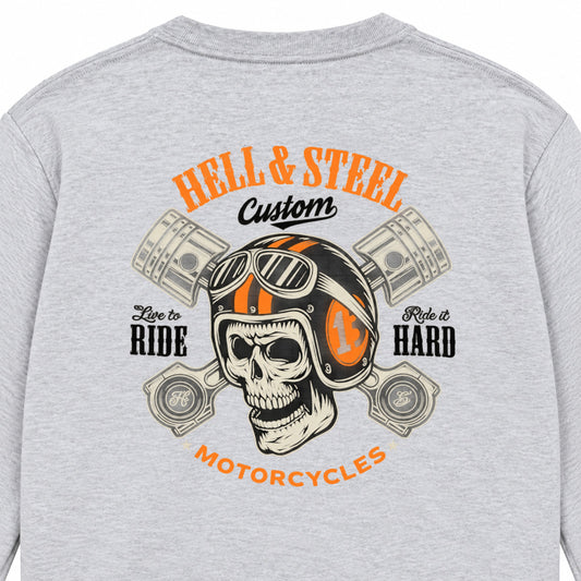 HELL & STEEL Custom スカルヘルメット ピストン 長袖Tシャツ バックプリント