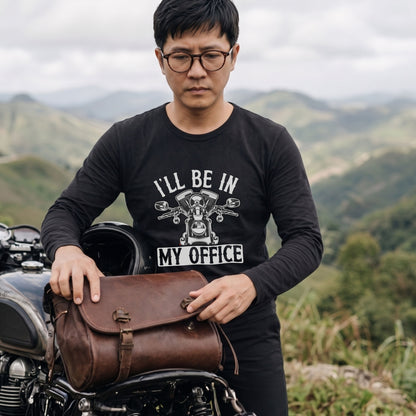 バイク おもしろ ロンT I'LL BE IN MY OFFICE Vツイン エンジン アメリカン クルーザー 長袖 Tシャツ メッセージ メンズ レディース バイク乗り ライダー ツーリング 服 ギフト