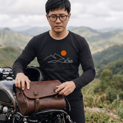 バイク＆マウンテン サンセット ロングスリーブ Tシャツ チョッパー アウトドア バイクウェア カジュアル ライダー ギフト
