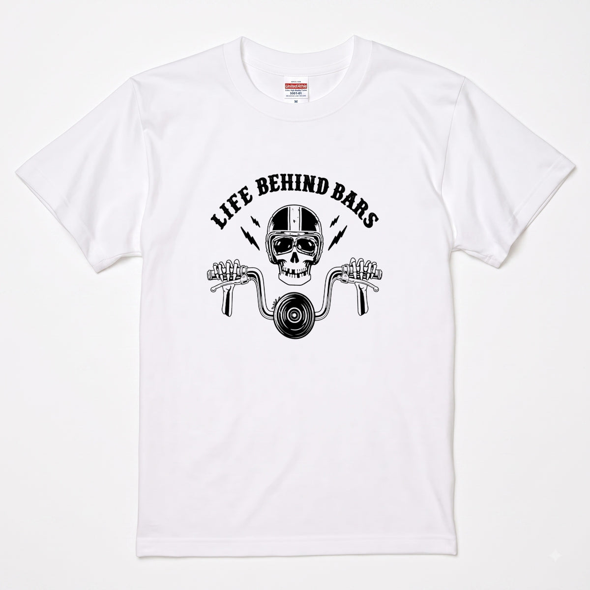 LIFE BEHIND BARS | レトロ スカル ハンドルバー ライダース Tシャツ【バイク乗りの日常・カスタム・オシャレ・ギフトに最適】