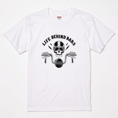 LIFE BEHIND BARS | レトロ スカル ハンドルバー ライダース Tシャツ【バイク乗りの日常・カスタム・オシャレ・ギフトに最適】