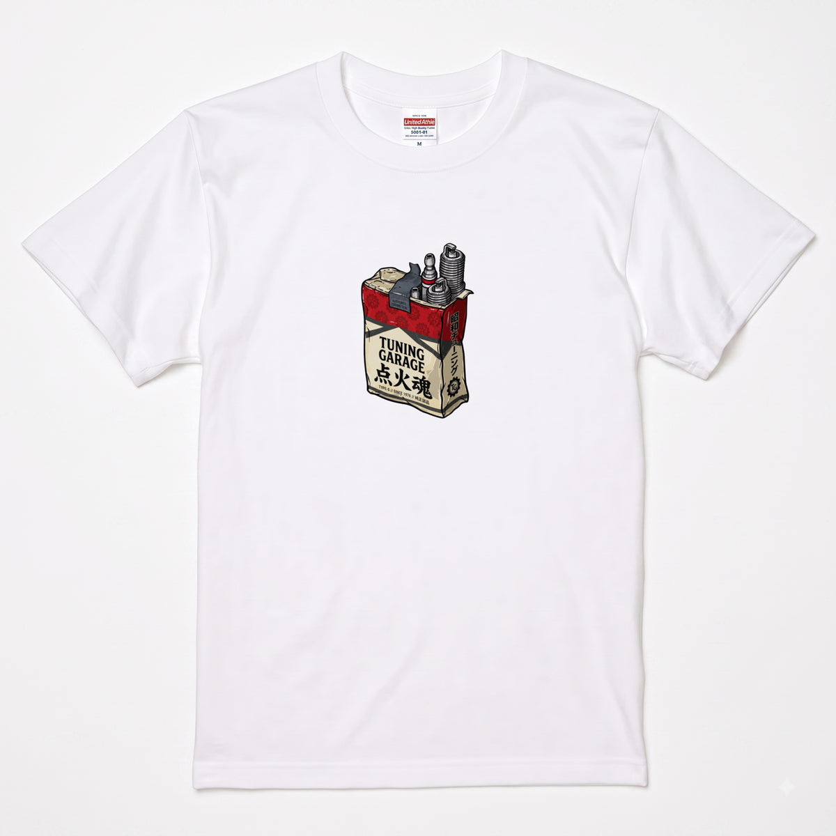 点火魂 | 昭和チューニング ガレージ 点火プラグ レトロパッケージ Tシャツ【ライダー・バイク男子・旧車會・父の日・プレゼントに最適】