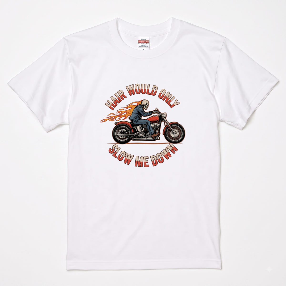 HAIR WOULD ONLY SLOW ME DOWN | スカル バイカー アメリカンバイク 骸骨 パロディ Tシャツ【バイク好き・ハーレー・おもしろ・誕生日ギフトに最適】