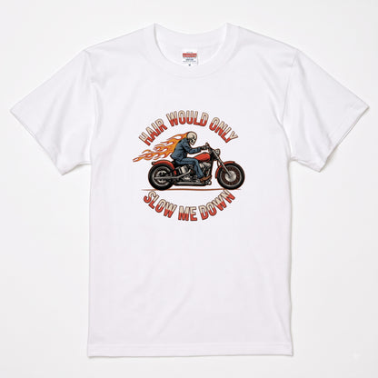 HAIR WOULD ONLY SLOW ME DOWN | スカル バイカー アメリカンバイク 骸骨 パロディ Tシャツ【バイク好き・ハーレー・おもしろ・誕生日ギフトに最適】