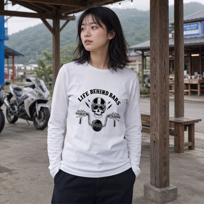 LIFE BEHIND BARS | スカル ライダー チョッパー ハンドル ヴィンテージ風 ロック グラフィック 長袖Tシャツ【バイク雑貨・ツーリング・カジュアル・ギフトに最適】