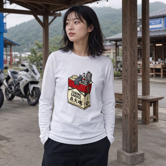 【昭和レトロ・車バイク好き】TUNING GARAGE 点火魂 ロングスリーブ Tシャツ プラグ ガレージウェア ツーリング カジュアル おもしろ プレゼント