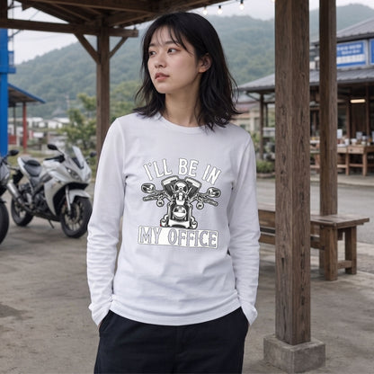 バイク おもしろ ロンT I'LL BE IN MY OFFICE Vツイン エンジン アメリカン クルーザー 長袖 Tシャツ メッセージ メンズ レディース バイク乗り ライダー ツーリング 服 ギフト
