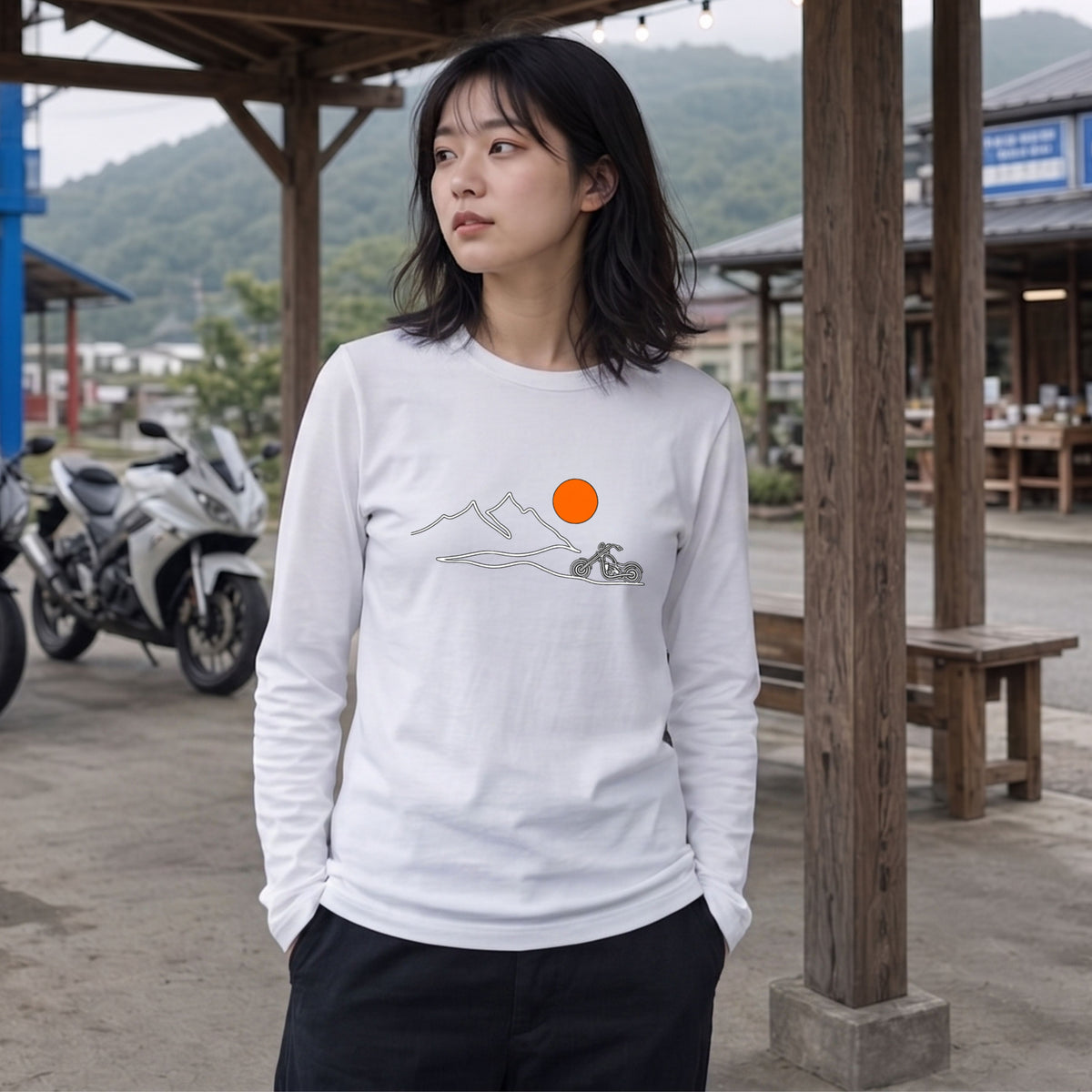 バイク＆マウンテン サンセット ロングスリーブ Tシャツ チョッパー アウトドア バイクウェア カジュアル ライダー ギフト