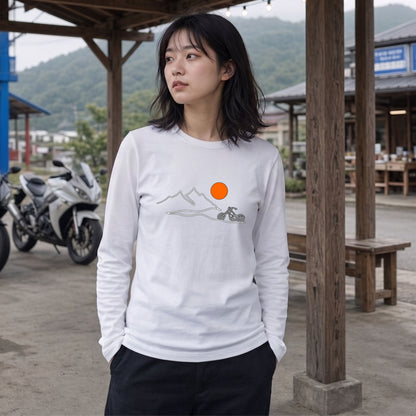 バイク＆マウンテン サンセット ロングスリーブ Tシャツ チョッパー アウトドア バイクウェア カジュアル ライダー ギフト