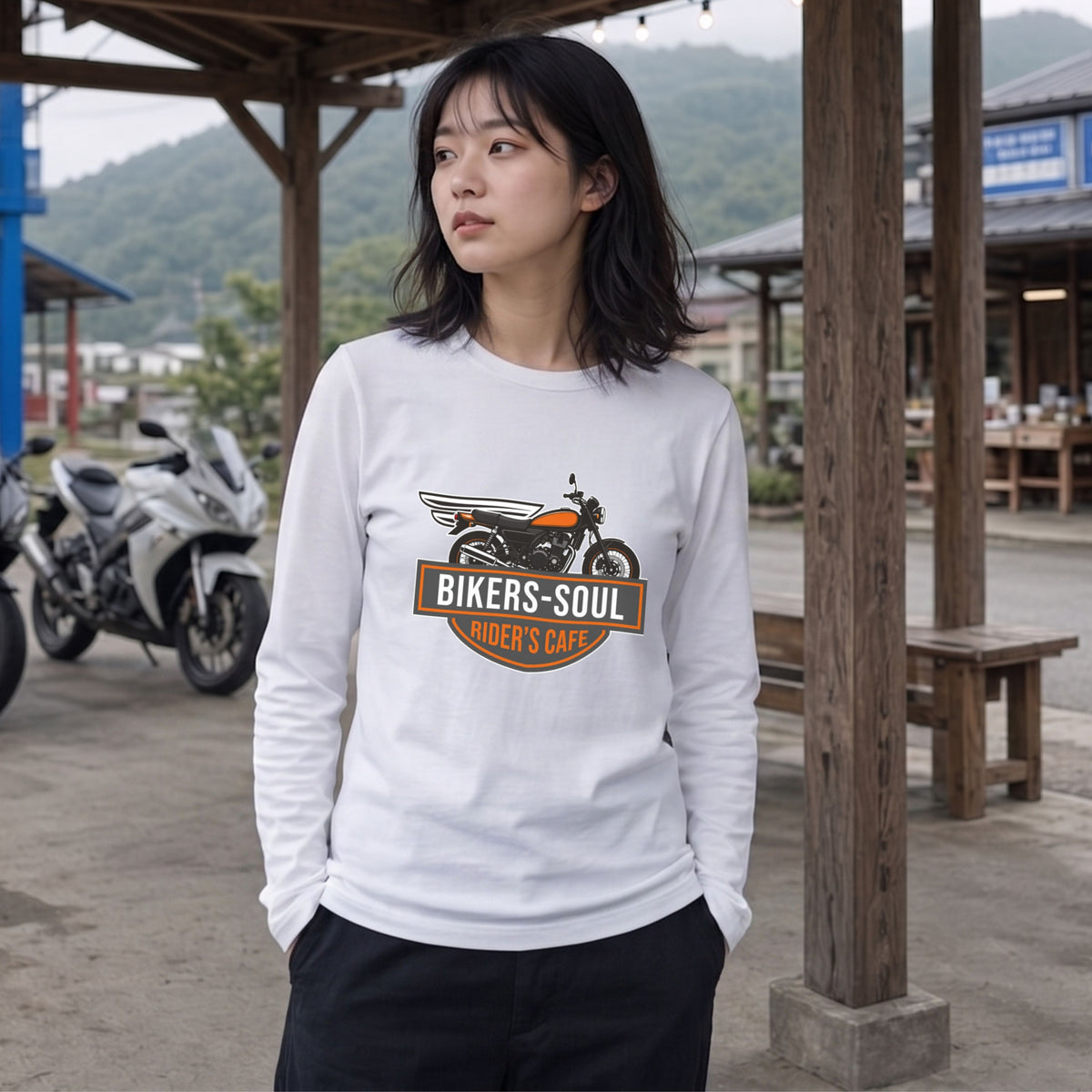 RIDER'S CAFE | ヴィンテージ バイク アメリカン ガレージ ロゴ イラスト 長袖Tシャツ【バイク好き・ツーリングウェア・普段着・プレゼントに最適】