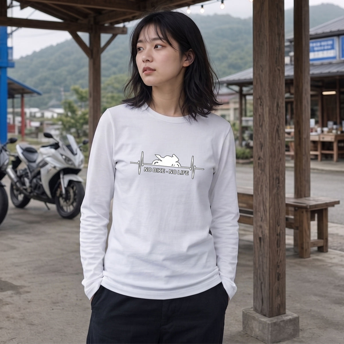 【バイク好き必見】NO BIKE NO LIFE 心拍数デザイン ロングスリーブ Tシャツ ツーリング モーターサイクル カジュアル ライダー ギフト