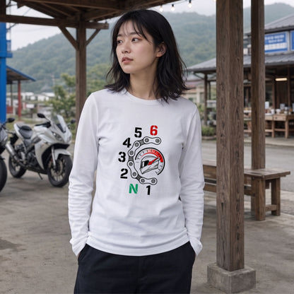 バイク シフトパターン ロンT ドライブチェーン タコメーター ヘルメット 1N23456 長袖 Tシャツ スーパースポーツ SS メンズ レディース バイク乗り ライダー ツーリング 服 ギフト