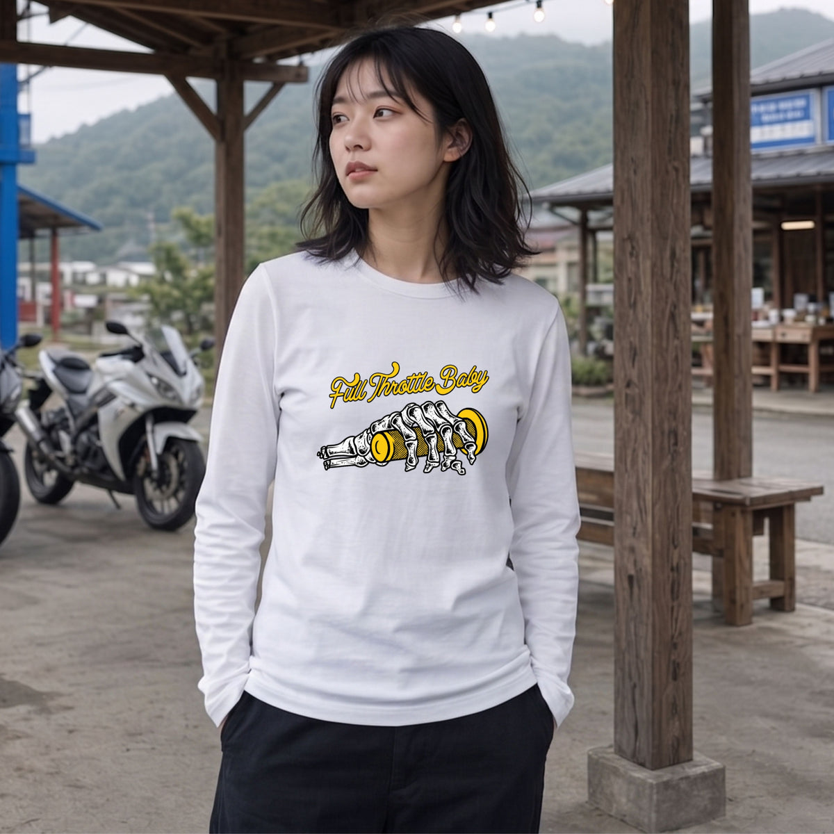 FULL THROTTLE BABY | アメカジ スケルトン グリップ バイク乗り イラスト 長袖Tシャツ【バイク好き・ガレージ・ツーリングウェア・プレゼントに最適】