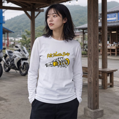 FULL THROTTLE BABY | アメカジ スケルトン グリップ バイク乗り イラスト 長袖Tシャツ【バイク好き・ガレージ・ツーリングウェア・プレゼントに最適】