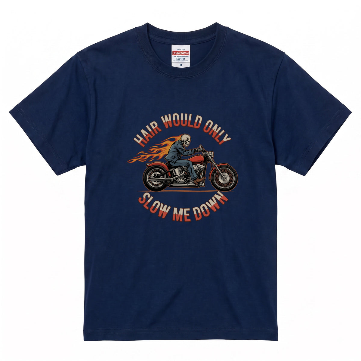 HAIR WOULD ONLY SLOW ME DOWN | スカル バイカー アメリカンバイク 骸骨 パロディ Tシャツ【バイク好き・ハーレー・おもしろ・誕生日ギフトに最適】
