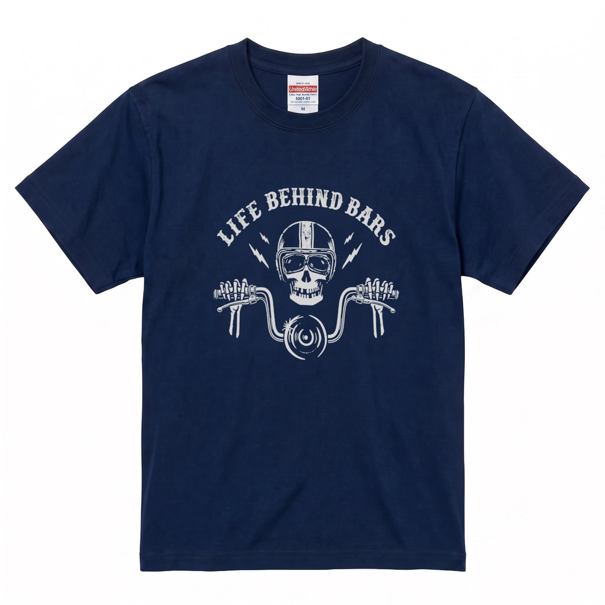 LIFE BEHIND BARS | レトロ スカル ハンドルバー ライダース Tシャツ【バイク乗りの日常・カスタム・オシャレ・ギフトに最適】