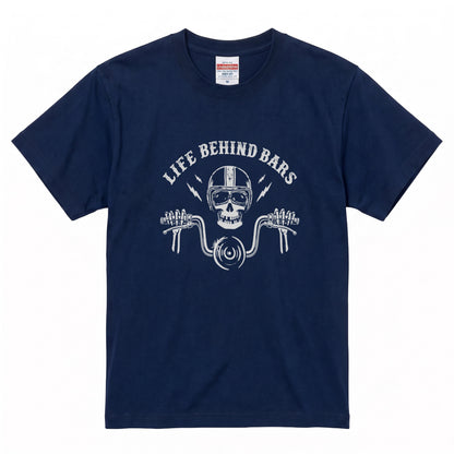 LIFE BEHIND BARS | レトロ スカル ハンドルバー ライダース Tシャツ【バイク乗りの日常・カスタム・オシャレ・ギフトに最適】