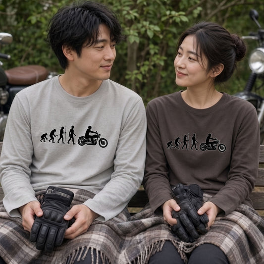 【バイク進化論】人類の進化 ロングスリーブ Tシャツ アメリカン バイク乗り ツーリング バイクウェア カジュアル おもしろ プレゼント