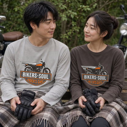 RIDER'S CAFE | ヴィンテージ バイク アメリカン ガレージ ロゴ イラスト 長袖Tシャツ【バイク好き・ツーリングウェア・普段着・プレゼントに最適】