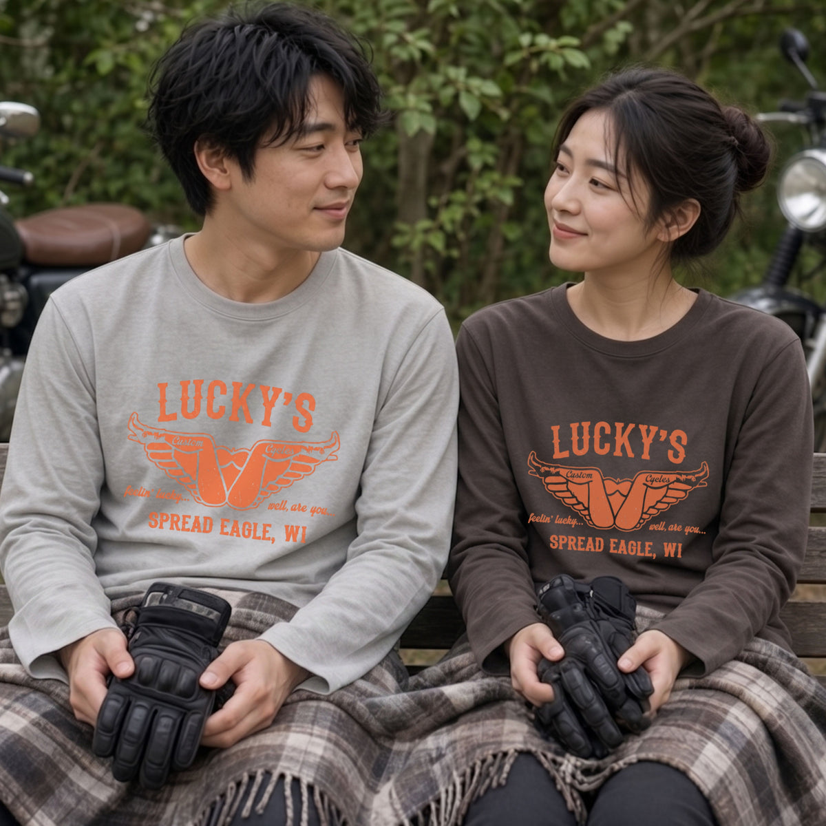 LUCKY'S CYCLES | レトロ アメリカン バイク ガレージ クラシック ロゴ 長袖Tシャツ【バイク好き・ツーリングウェア・普段着・プレゼントに最適】