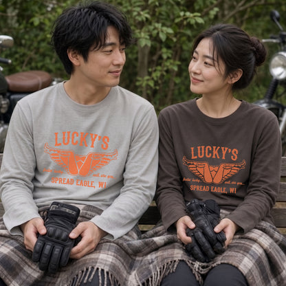 LUCKY'S CYCLES | レトロ アメリカン バイク ガレージ クラシック ロゴ 長袖Tシャツ【バイク好き・ツーリングウェア・普段着・プレゼントに最適】