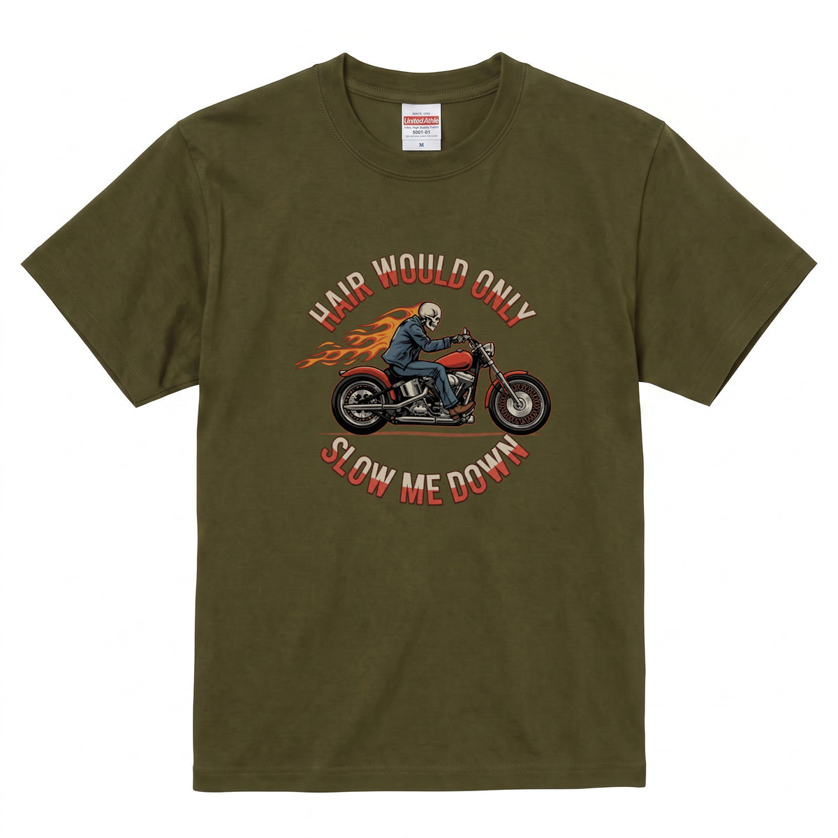 HAIR WOULD ONLY SLOW ME DOWN | スカル バイカー アメリカンバイク 骸骨 パロディ Tシャツ【バイク好き・ハーレー・おもしろ・誕生日ギフトに最適】