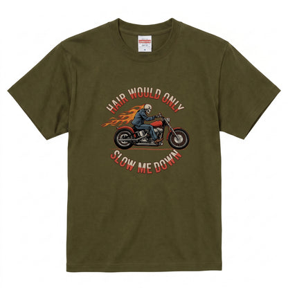 HAIR WOULD ONLY SLOW ME DOWN | スカル バイカー アメリカンバイク 骸骨 パロディ Tシャツ【バイク好き・ハーレー・おもしろ・誕生日ギフトに最適】