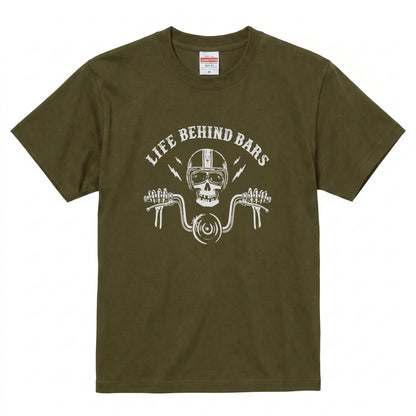 LIFE BEHIND BARS | レトロ スカル ハンドルバー ライダース Tシャツ【バイク乗りの日常・カスタム・オシャレ・ギフトに最適】
