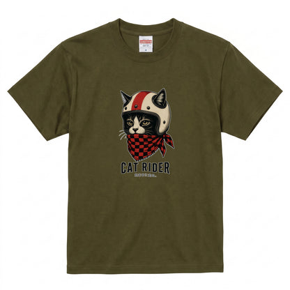 VINTAGE CAT RIDER | クラシック ヘルメット 猫グラフィック アメカジ モーターサイクル Tシャツ【バイカーファッション・普段着・ツーリング・ユニセックス・ギフトに最適】