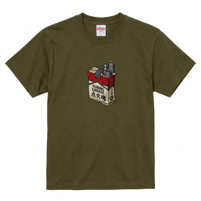 点火魂 | 昭和チューニング ガレージ 点火プラグ レトロパッケージ Tシャツ【ライダー・バイク男子・旧車會・父の日・プレゼントに最適】