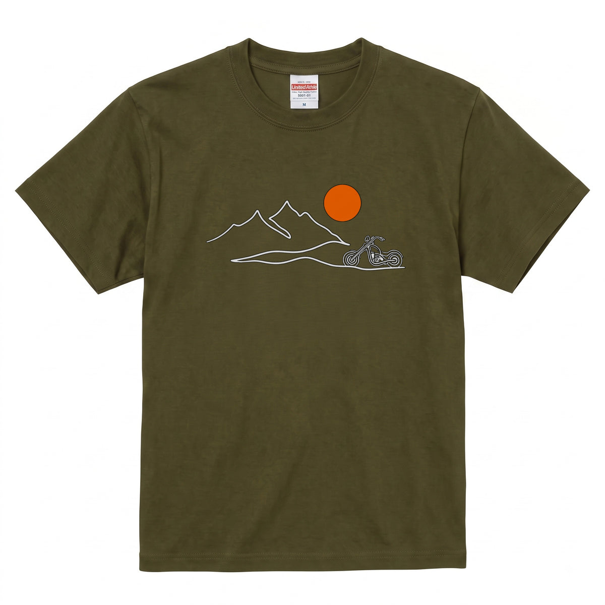山脈と夕日バイク ミニマルデザインTシャツ | RIDERSMODE