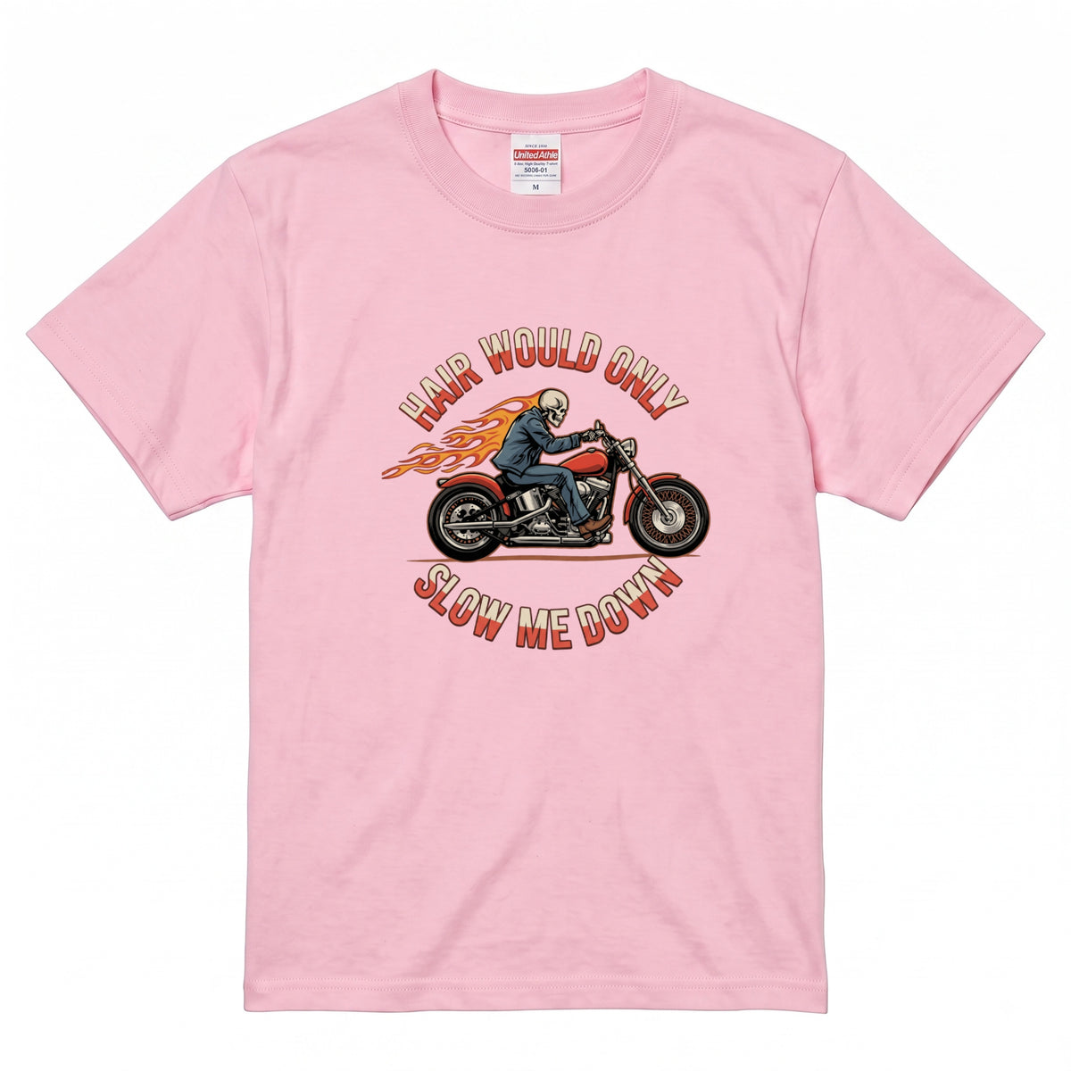 HAIR WOULD ONLY SLOW ME DOWN | スカル バイカー アメリカンバイク 骸骨 パロディ Tシャツ【バイク好き・ハーレー・おもしろ・誕生日ギフトに最適】