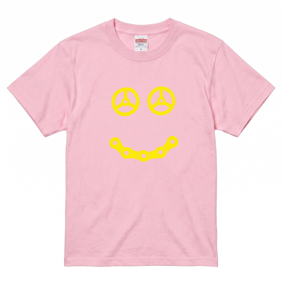 STEERING SMILE | 黄色 スマイル カーステアリング チェーン ミニマル グラフィック Tシャツ【バイク雑貨・普段着・メンズ・オシャレ・ギフトに最適】