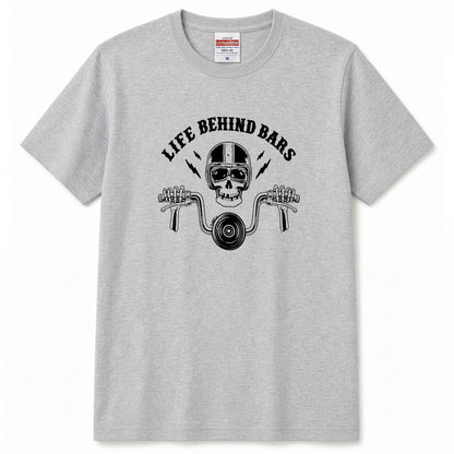 LIFE BEHIND BARS | レトロ スカル ハンドルバー ライダース Tシャツ【バイク乗りの日常・カスタム・オシャレ・ギフトに最適】