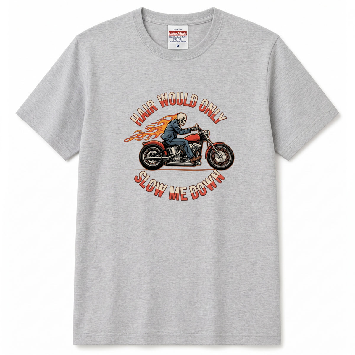 HAIR WOULD ONLY SLOW ME DOWN | スカル バイカー アメリカンバイク 骸骨 パロディ Tシャツ【バイク好き・ハーレー・おもしろ・誕生日ギフトに最適】
