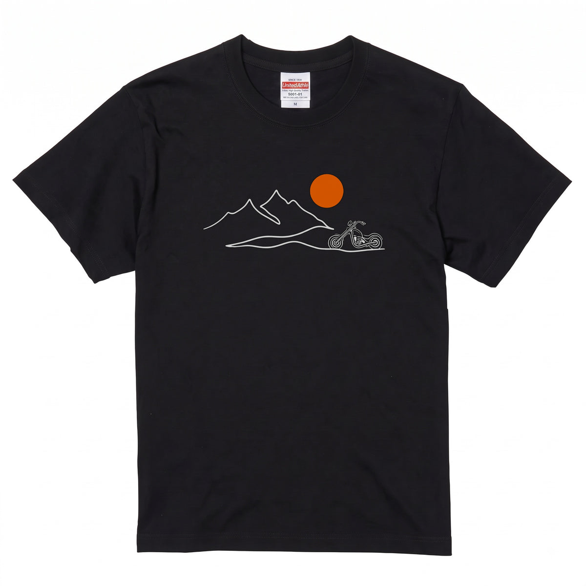 山脈と夕日バイク ミニマルデザインTシャツ | RIDERSMODE