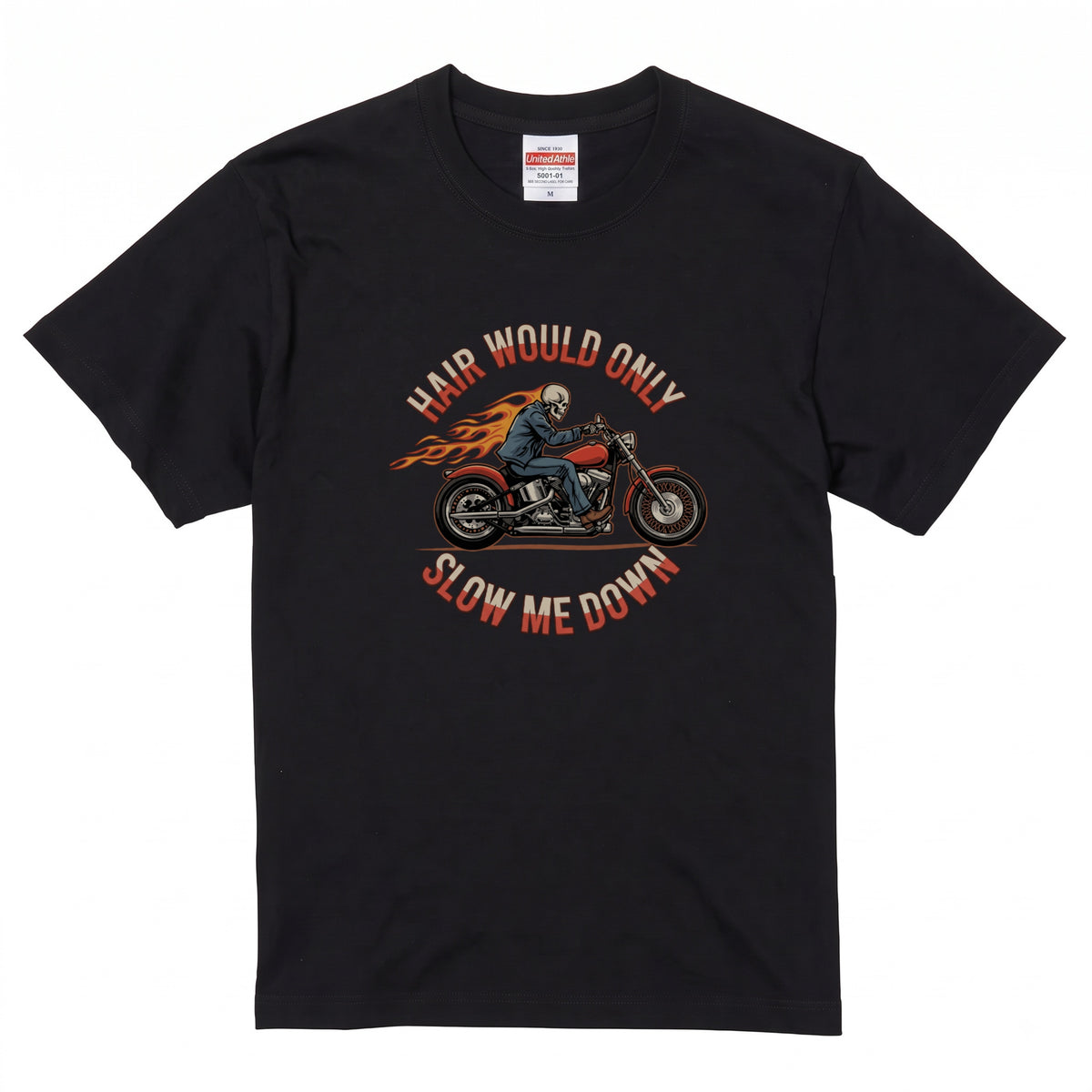 HAIR WOULD ONLY SLOW ME DOWN | スカル バイカー アメリカンバイク 骸骨 パロディ Tシャツ【バイク好き・ハーレー・おもしろ・誕生日ギフトに最適】