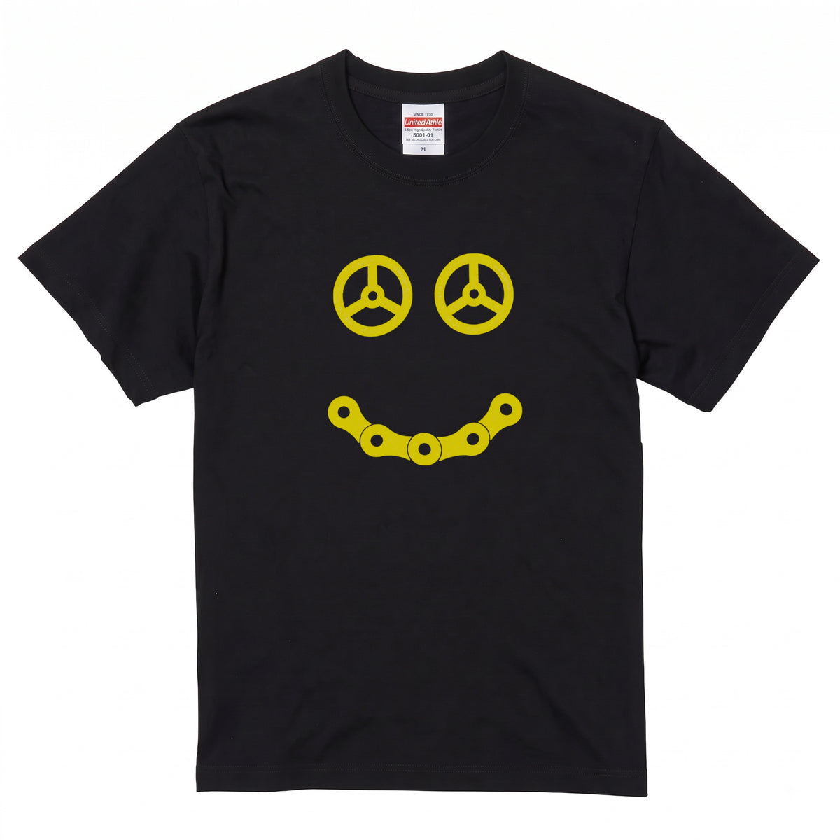 STEERING SMILE | 黄色 スマイル カーステアリング チェーン ミニマル グラフィック Tシャツ【バイク雑貨・普段着・メンズ・オシャレ・ギフトに最適】