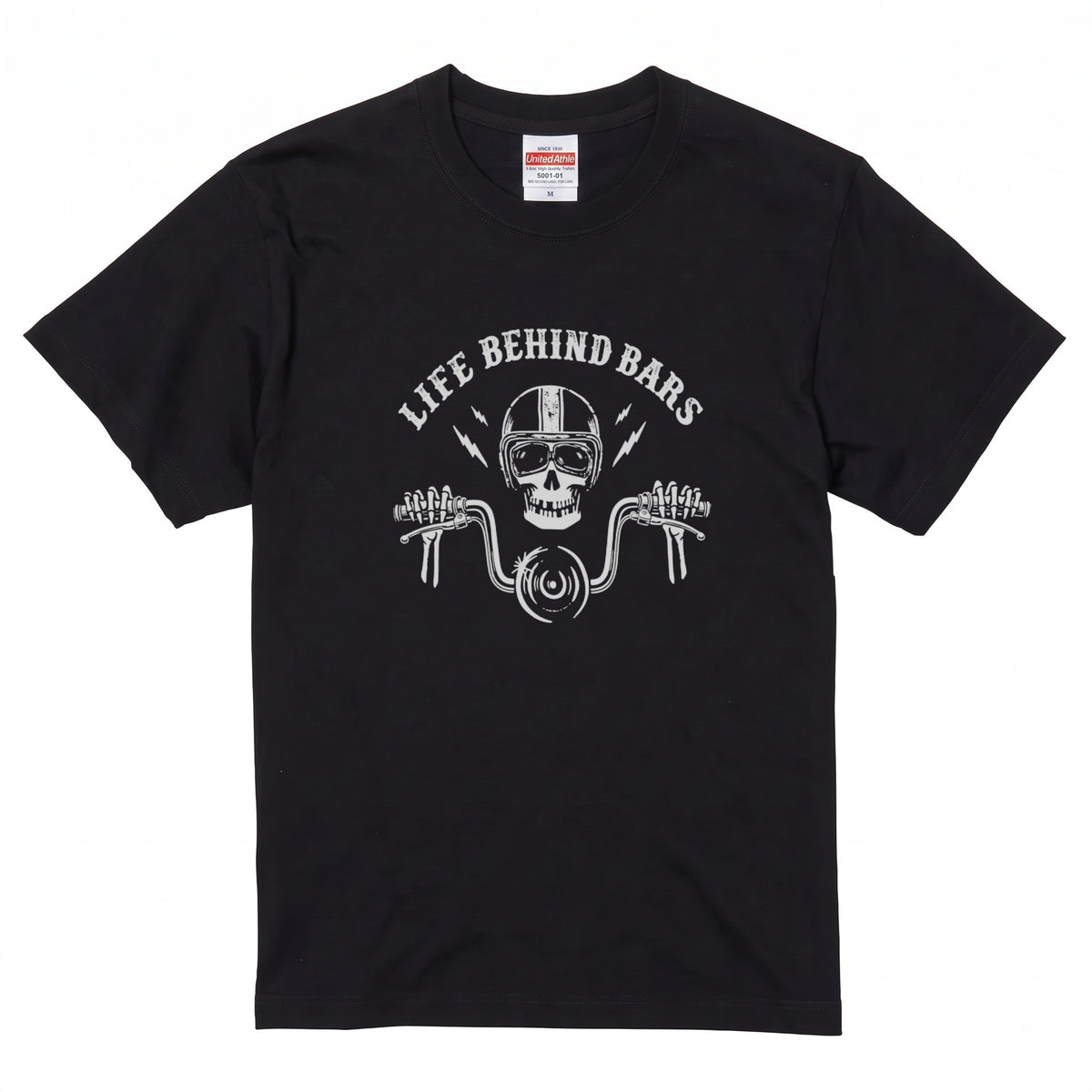 LIFE BEHIND BARS | レトロ スカル ハンドルバー ライダース Tシャツ【バイク乗りの日常・カスタム・オシャレ・ギフトに最適】