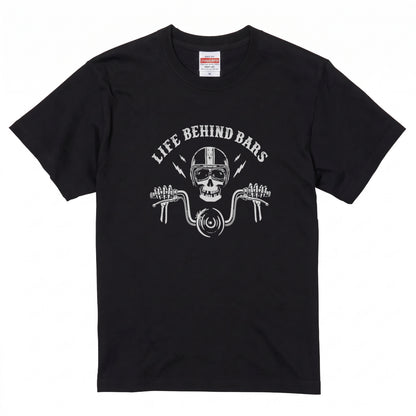 LIFE BEHIND BARS | レトロ スカル ハンドルバー ライダース Tシャツ【バイク乗りの日常・カスタム・オシャレ・ギフトに最適】