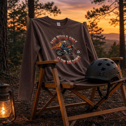 バイク スカル ロンT HAIR WOULD ONLY SLOW ME DOWN ドクロ 炎 ファイヤー アメリカン クルーザー 長袖 Tシャツ メンズ レディース バイク乗り ライダー ツーリング 服 おもしろ ギフト