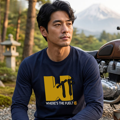 WHERE'S THE FUEL? | アメリカン レトロ ポップ おもしろ 英字 ロゴ 長袖Tシャツ【バイク乗り・ドライブ・部屋着・プレゼントに最適】