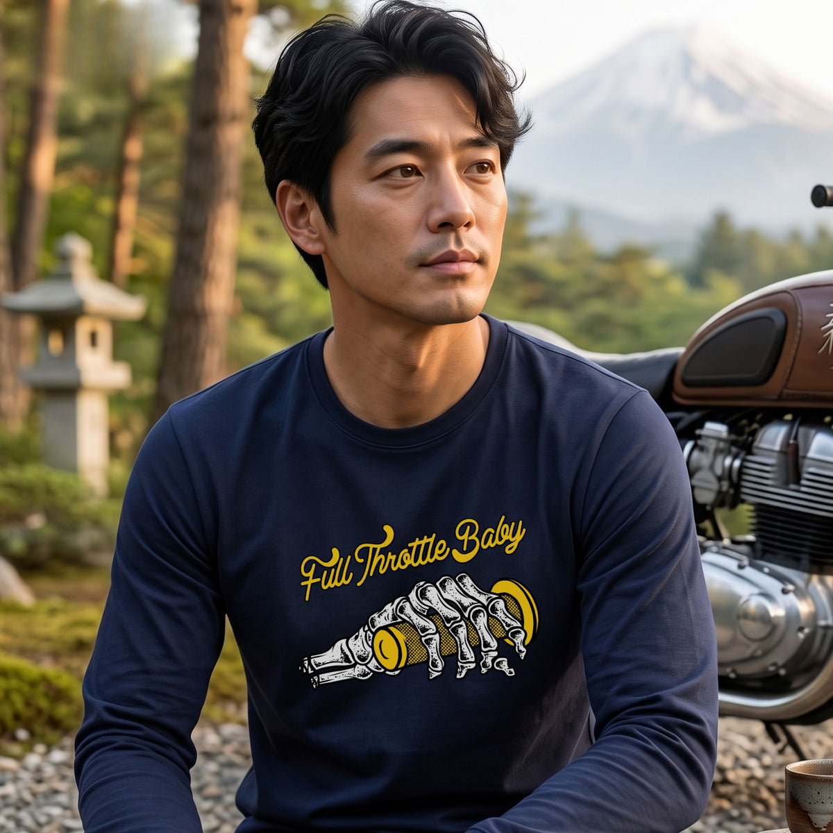 FULL THROTTLE BABY | アメカジ スケルトン グリップ バイク乗り イラスト 長袖Tシャツ【バイク好き・ガレージ・ツーリングウェア・プレゼントに最適】