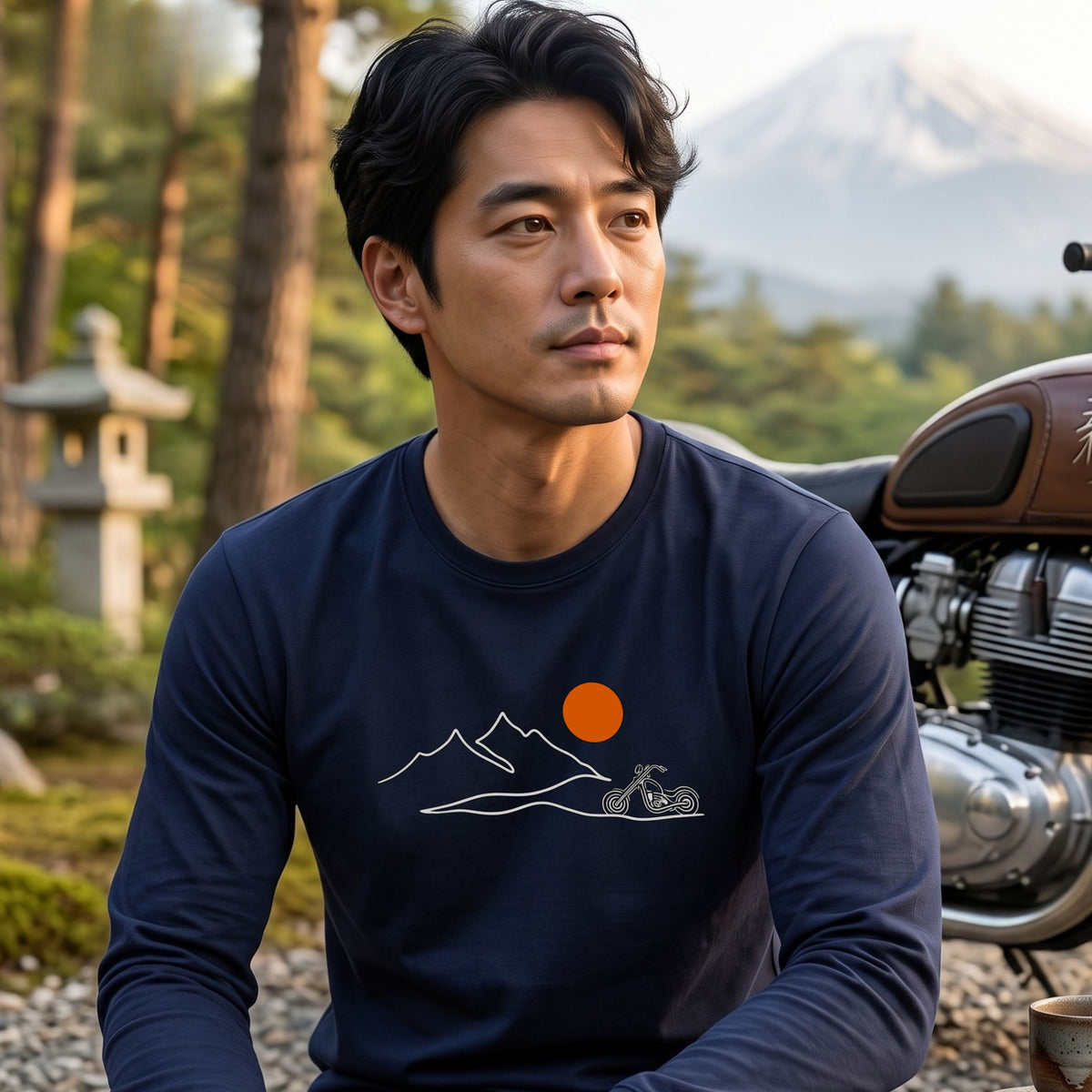 バイク＆マウンテン サンセット ロングスリーブ Tシャツ チョッパー アウトドア バイクウェア カジュアル ライダー ギフト