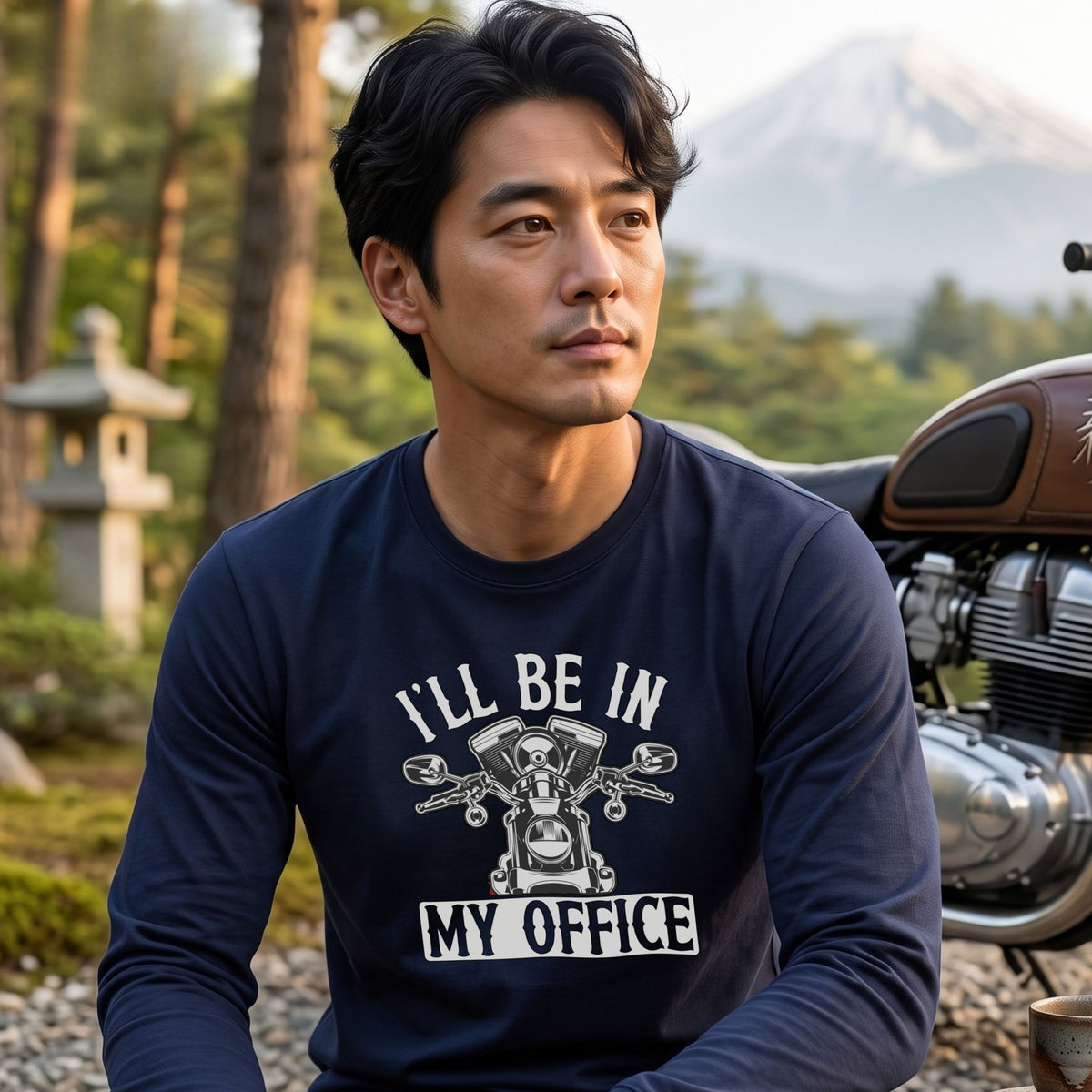 バイク おもしろ ロンT I'LL BE IN MY OFFICE Vツイン エンジン アメリカン クルーザー 長袖 Tシャツ メッセージ メンズ レディース バイク乗り ライダー ツーリング 服 ギフト