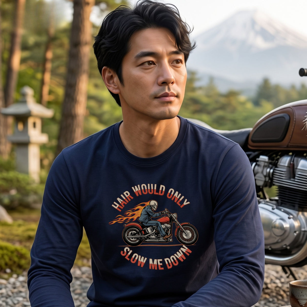 バイク スカル ロンT HAIR WOULD ONLY SLOW ME DOWN ドクロ 炎 ファイヤー アメリカン クルーザー 長袖 Tシャツ メンズ レディース バイク乗り ライダー ツーリング 服 おもしろ ギフト